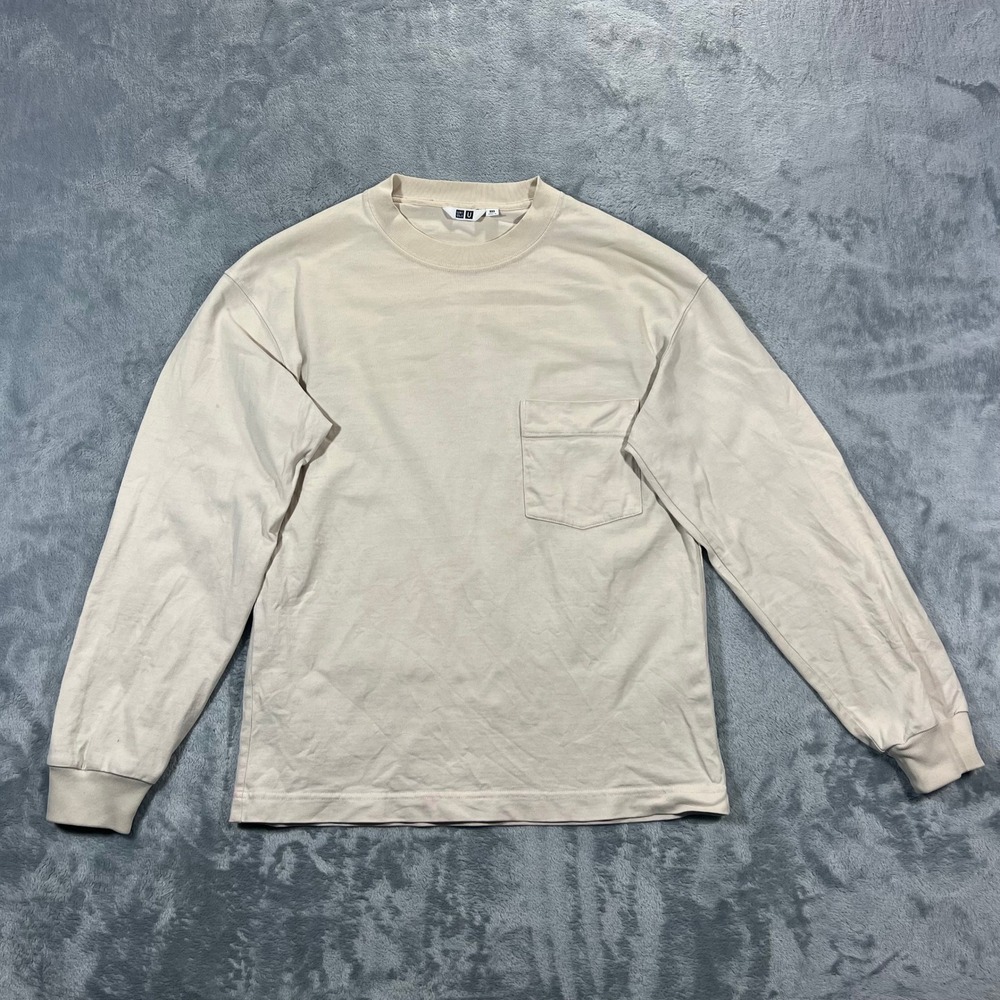 UNIQLO U Womens Long Sleeve Crew Neck Pocket T Shirt XXS Beige Laying Casual Tee